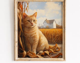 Orange Tabby Cat, Autumn Cornfield Farmhouse Printable Wall Art (Digital Download) 422