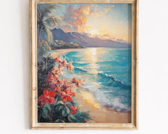 May include: A framed oil painting depicts a tropical beach scene. The artwork features a golden frame, a sandy beach, turquoise water, and a vibrant sunset. Red flowers and palm trees are in the foreground. The text "BARNLIGHT PRINTS" is at the bottom.