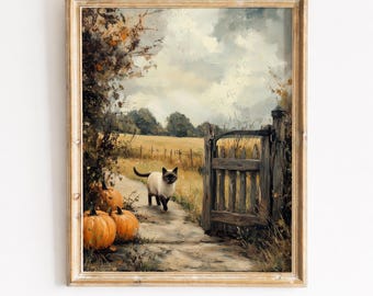 Siamese Cat Autumn Farmhouse Print, Rustic Fall Wall Art (Digital Download) 433