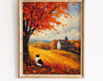 Black and White Cat Autumn Landscape Printable Wall Art (Digital Download) 418