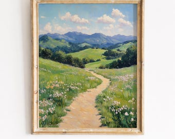 Vintage Rolling Hills Landscape, Wildflower Path Printable Wall Art (Digital Download) 414