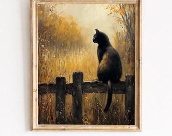 Dark Cat on Autumn Fence, Moody Vintage Painting Printable Wall Art (Digital Download) 435