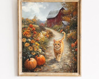 Orange Tabby Cat Walking Autumn Path, Rustic Farmhouse Printable Wall Art (Digital Download) 432