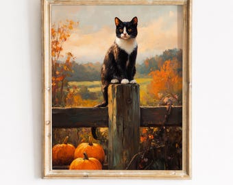 Tuxedo Barn Cat Print, Autumn Farmhouse Fence Post Printable Wall Art (Digital Download) 437