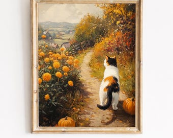 Calico Cat Autumn Path, Vintage Cottage Printable Wall Art (Digital Download) 420