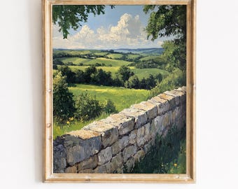 Vintage Green Hills Landscape, Wildflower Countryside Wall Art Printable (Digital Download) 413