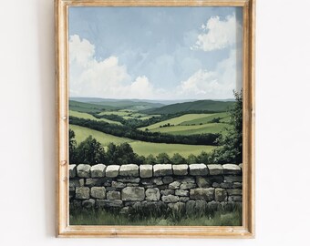 Rustic Countryside Landscape, Stone Wall Printable Farmhouse Art (Digital Download) 412