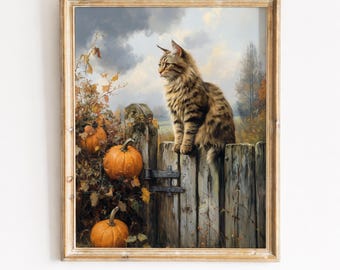 Vintage Tabby Cat on Fence, Autumn Harvest Farmhouse Wall Art Printable (Digital Download) 425