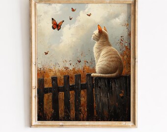 Cream Cat Watching Butterflies, Rustic Fence Autumn Printable Wall Art (Digital Download) 421