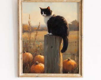 Tuxedo Cat on Fence Post, Autumn Pumpkin Farmhouse Wall Art Printable (Digital Download) 436