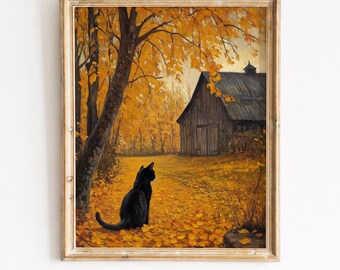 Black Cat Autumn Farmyard, Rustic Fall Barn Painting Printable Wall Art (Digital Download) 417