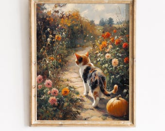 Calico Cat Garden Path, Autumn Flowers Printable Wall Art (Digital Download) 419
