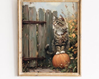 Maine Coon Cat on Pumpkin, Vintage Autumn Farmhouse Wall Art Printable (Digital Download) 426