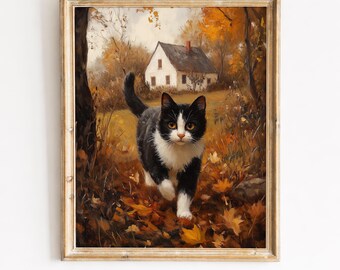 Tuxedo Cat Walking Through Autumn Leaves, Vintage Farmhouse Painting (Digital Download) 438
