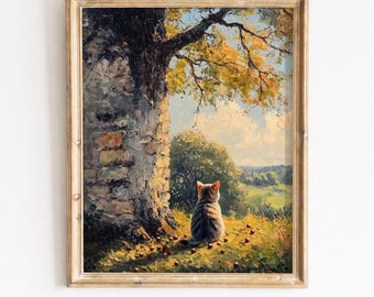 Vintage Tabby Cat Painting, Rustic Countryside Landscape Printable Wall Art (Digital Download) 427