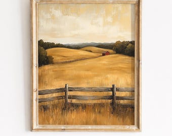 Rustic Golden Hayfield Landscape, Vintage Barn Painting Printable Wall Art (Digital Download) 411