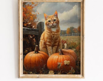 Vintage Orange Tabby Cat Pumpkin Printable Wall Art Fall (Digital Download) 430