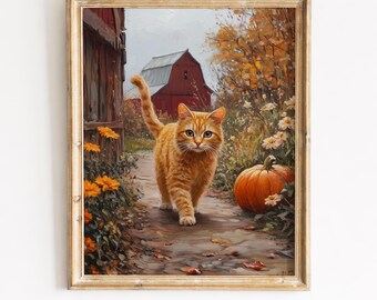 Rustic Orange Tabby Cat Print, Autumn Farmhouse Wall Art Printable (Digital Download) 431