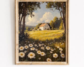 Daisy Field Farmhouse, Vintage Cottagecore Landscape Printable Wall Art (Digital Download) 364