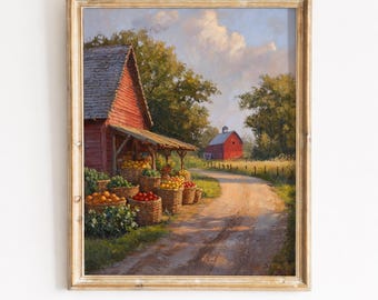 Rustic Cottage Farmstand Painting - Warm Country Landscape with Baskets of Produce, Vintage Farmhouse Decor, Printable Art Download 211