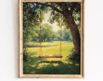 Tree Swing Painting, Sunlit Countryside Meadow Printable Wall Art (Digital Download) 242