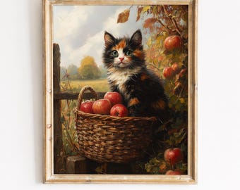 Tortoiseshell Kitten and Apple Basket, Rustic Autumn Farmhouse Printable Wall Art (Digital Download) 434
