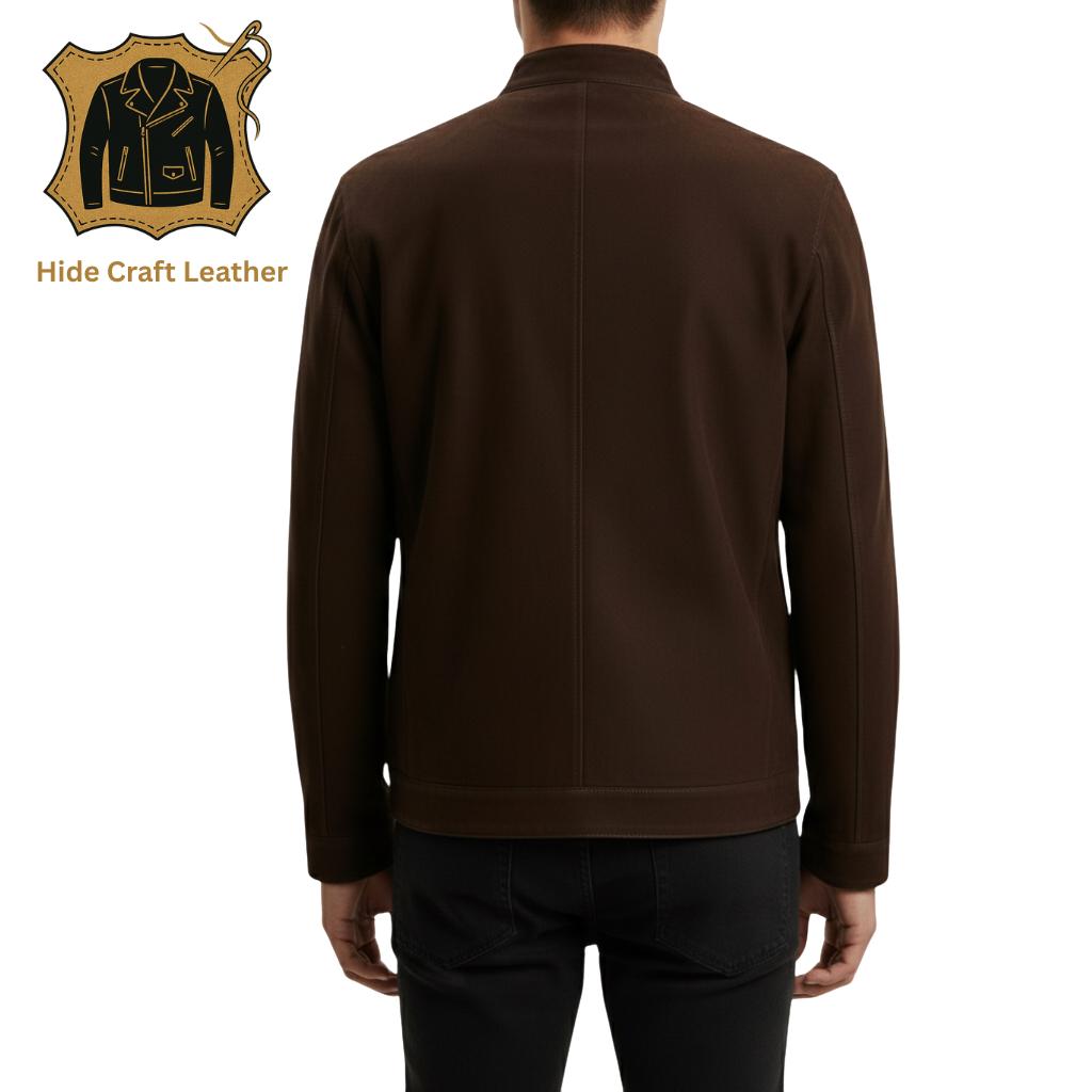 メンズダークブラウンスエードレザージャケット右側面図滑らかな質感の