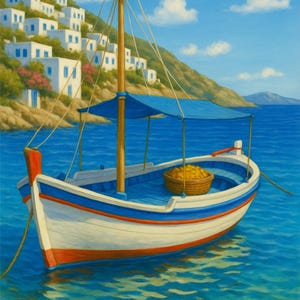 Tranquil Greek Seaside Boat with Village View Digital Art Print