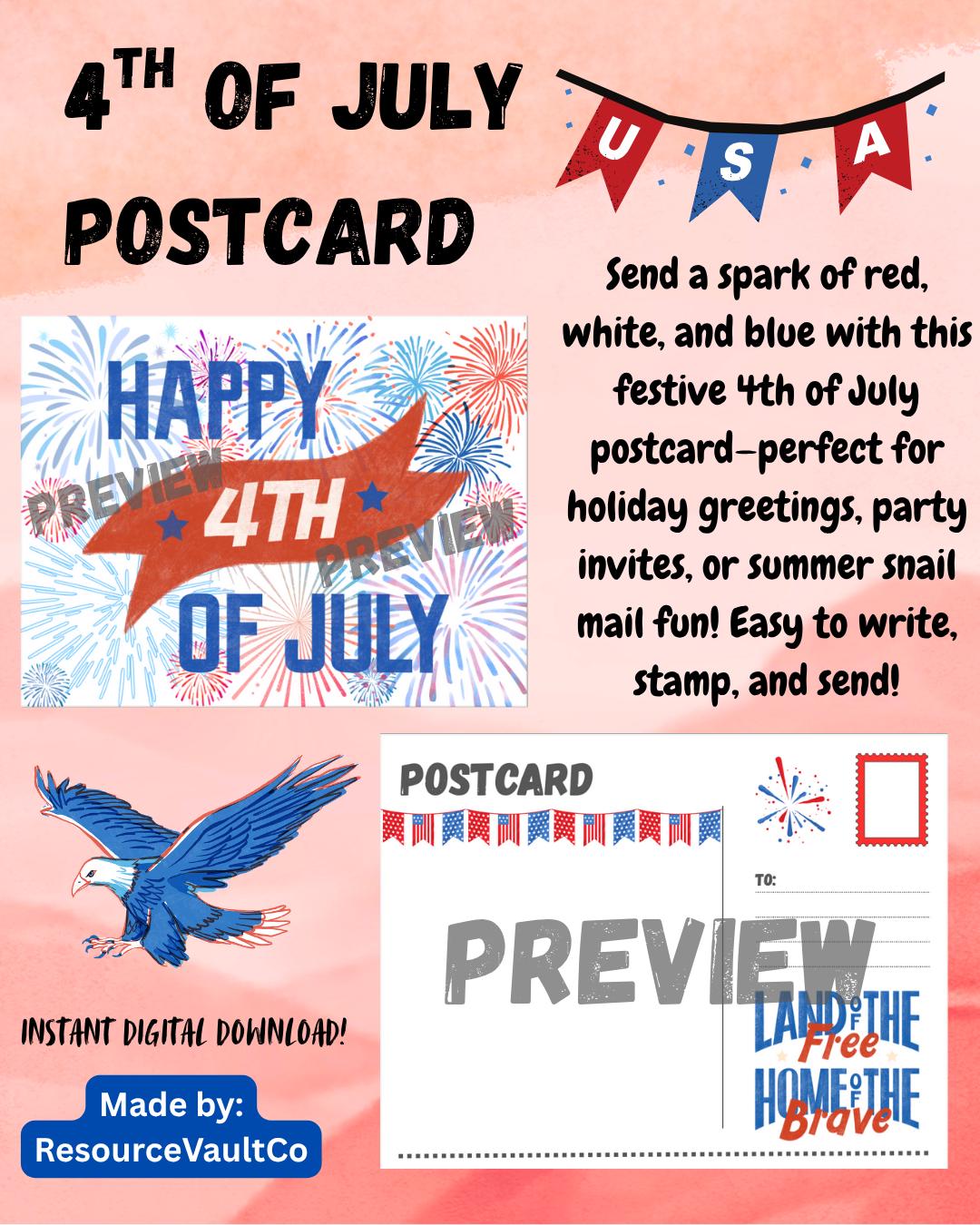 4th of July postcard - printable and ready to ship