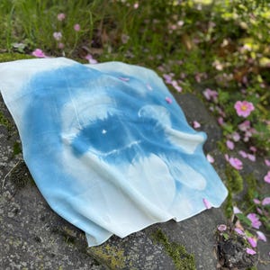 Silk Scarf – Blue Eye and Flower Print – Square Art Scarf – Handmade Cyanotype – One of a Kind Gift – Eloua