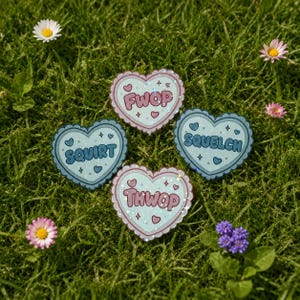 May include: Four heart-shaped stickers with scalloped edges, each featuring a pastel color and text. The stickers display the words FWOP, SQUIRT, SQUELCH, and THWOP in bold, rounded lettering, accented with small heart and star icons.