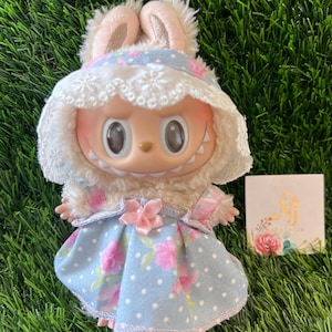Baby Dress Outfit in Light Blue Pink Rose For Labubu Dolls. Handmade in USA. Pop Mart. Gift Ideas. Clothing only. Doll NOT Included.