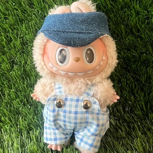 Plaid Baby Blue Jumpsuit Overall Set For Labubu Dolls. Handmade in USA. Pop Mart. Gift Ideas. Clothing only. Doll NOT Included.