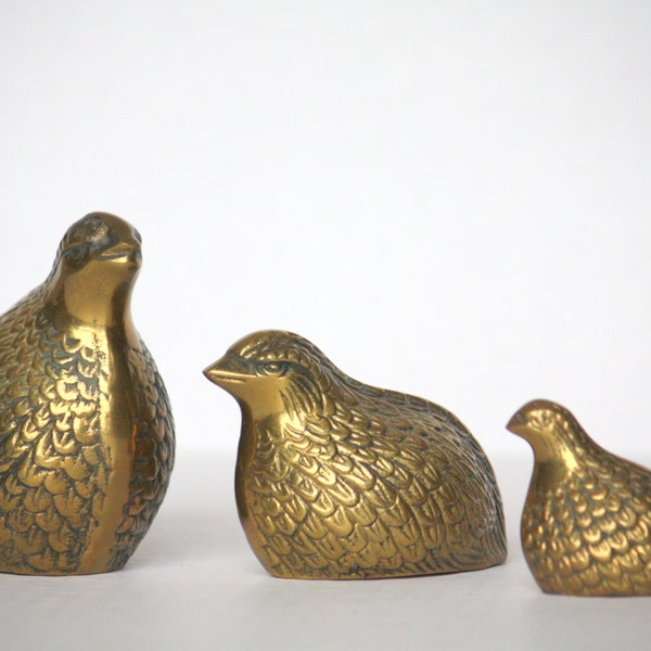 Vintage Brass Quail Family - Set of Three Figurines / Mid Century Decor