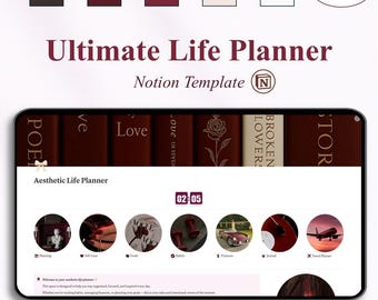 May include: A digital life planner template on a tablet, featuring a burgundy and cream color scheme. The screen displays a layout with icons for planning, self-care, goals, habits, finances, journal, and travel. The text "Ultimate Life Planner" is displayed.
