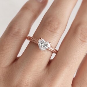 Vintage Heart Cut Lab Grown Diamond Engagement Ring , 14K Rose Gold Engraved Filigree Band , Dainty Solitaire Ring , Romantic Promise Ring