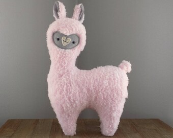 Alpaca or llama stuffed animal, stuffed toy llama in pink with grey face, pink llama, cute llama, cute alpaca plushie