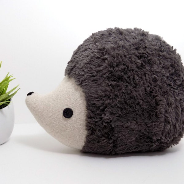 Hedgehog pillow plush in pewter grey/brown, hedgehog stuffed animal toy, woodland nursery decor hedgehog