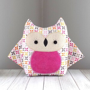 Owl stuffed animal in modern geometric print, handmade plush toy, owl shaped pillow, cute travel pillow, baby gift, woodland animal plush