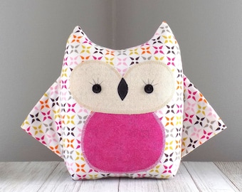 Owl stuffed animal in modern geometric print, handmade plush toy, owl shaped pillow, cute travel pillow, baby gift, woodland animal plush