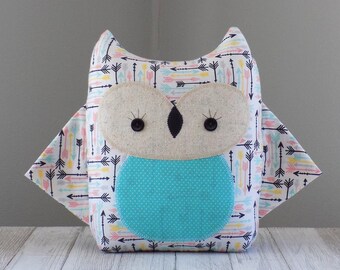 Owl Stuffed Animal In Pastel Arrow Print Cotton, Handmade Kawaii Woodland Plushie