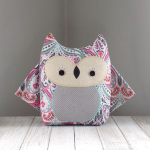 Owl stuffed animal in paisley print, cute kawaii plushie, woodland nursery decor, baby shower gift, gift for birdwatchers