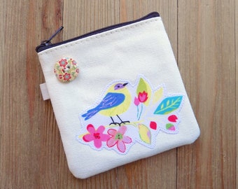 Small zipper bag with cute yellow bird, coin purse, travel pouch, purse organizer bag, ear bud case with bird pattern