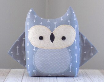 Owl Stuffed Animal In Grey And White Arrow Print, Handmade Kawaii Plushie, Nursery Pillow