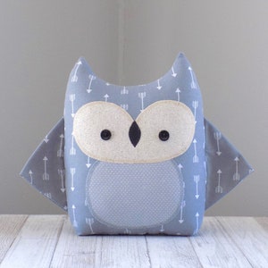 Owl stuffed animal in grey and white arrow print, cute kawaii plush toy, nursery decor pillow, collectors plushie
