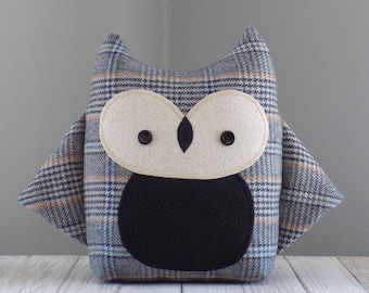 Owl Stuffed Animal In Grey Plaid, Handmade Kawaii Woodland Theme Plushie, Bird Pillow