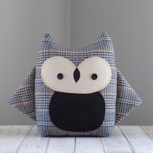 Owl stuffed animal, owl stuffed toy, owl plush in gray plaid, boy owl, gift for children, kawaii owl plushie