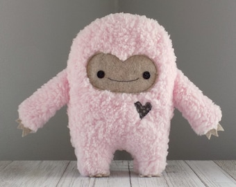 Monster stuffed toy in pink and beige, handmade plush toy, monster stuffed animal, pink yeti big foot pillow, kawaii plushie