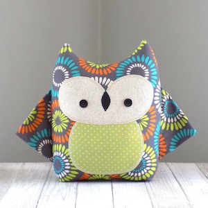 Owl stuffed animal in grey sunburst, handmade owl plush soft toy, woodland animal pillow, whimsical nursery decor, baby shower gift
