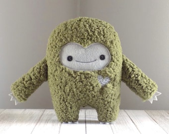 Monster Stuffed Animal in Green and Grey, Handmade Kawaii Big Foot Yeti Cryptid Plushie